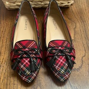 Talbots Red and Black Plaid Flats with Bow Detail
